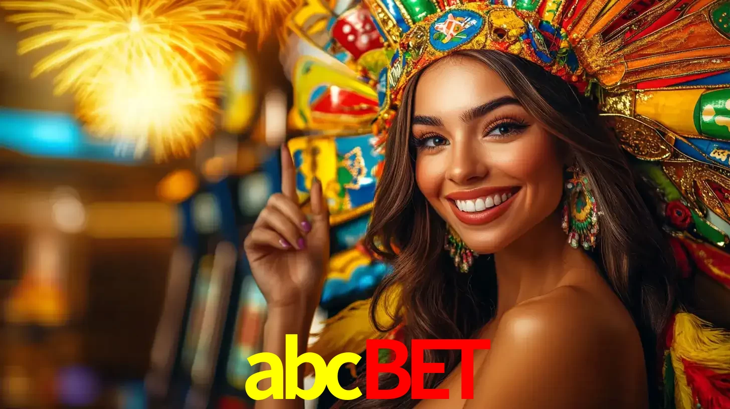 Mulher sorridente com um cocar de carnaval vibrante e colorido, celebrando uma grande vitória nos jogos do cassino abcbet com fogos de artifício ao fundo.