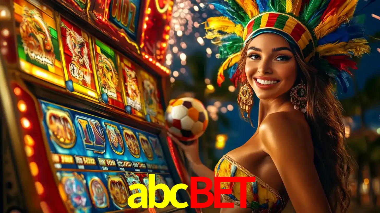 Mulher com um cocar de carnaval ao lado de uma máquina de caça-níqueis enquanto segura uma bola de futebol, mostrando a união da diversão de cassino e esportes no abcbet.