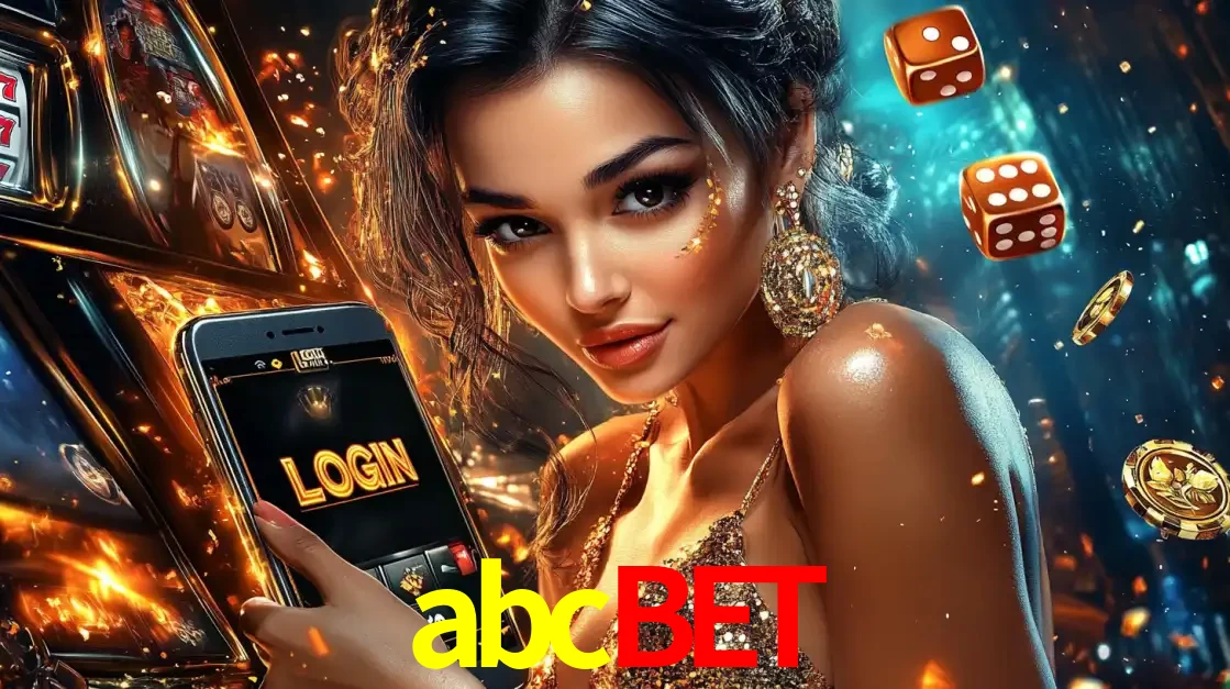 Mulher glamourosa segurando um celular com a tela de login do cassino abcbet, rodeada por dados e moedas douradas, pronta para começar a diversão.