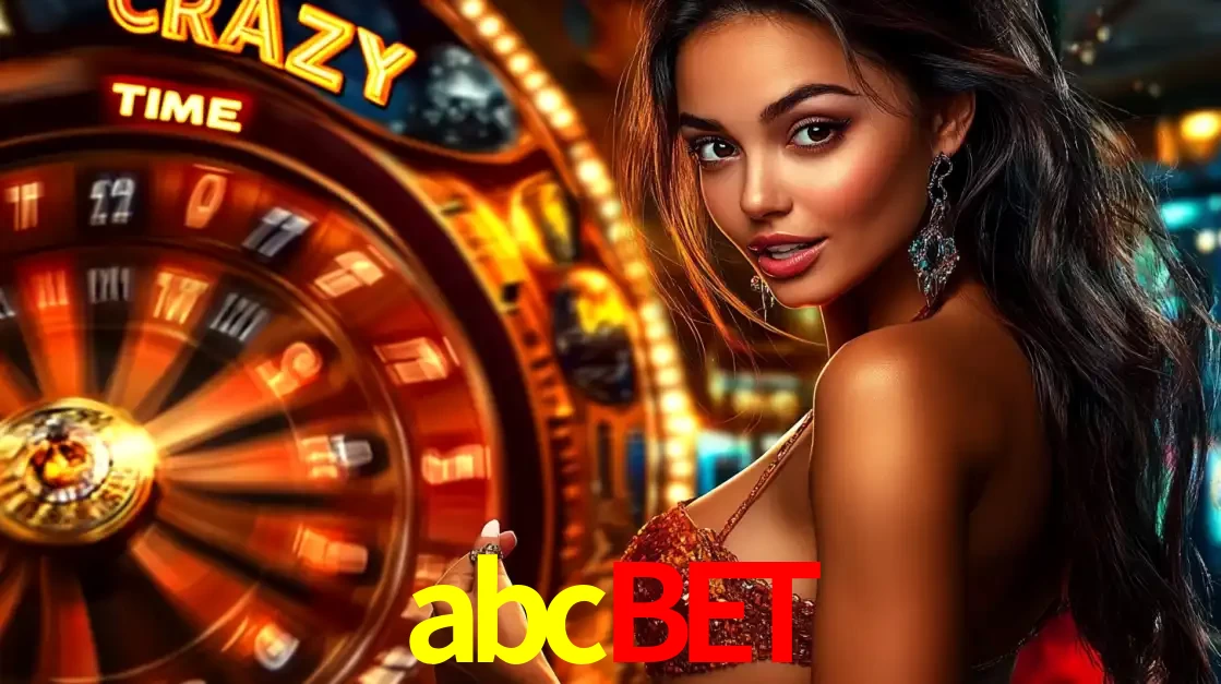 Mulher ao lado da roda de prêmios do jogo de cassino ao vivo Crazy Time, um dos shows de jogos mais emocionantes oferecidos pela plataforma de apostas abcbet.