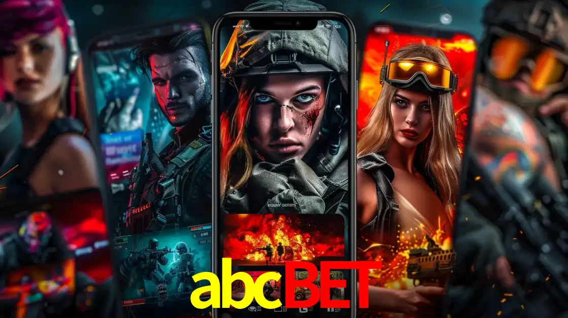 Montagem de telas de celular mostrando diversos personagens, masculinos e femininos, de um jogo de tiro, ilustrando a diversidade de equipes de e-sports para apostar no abcbet.
