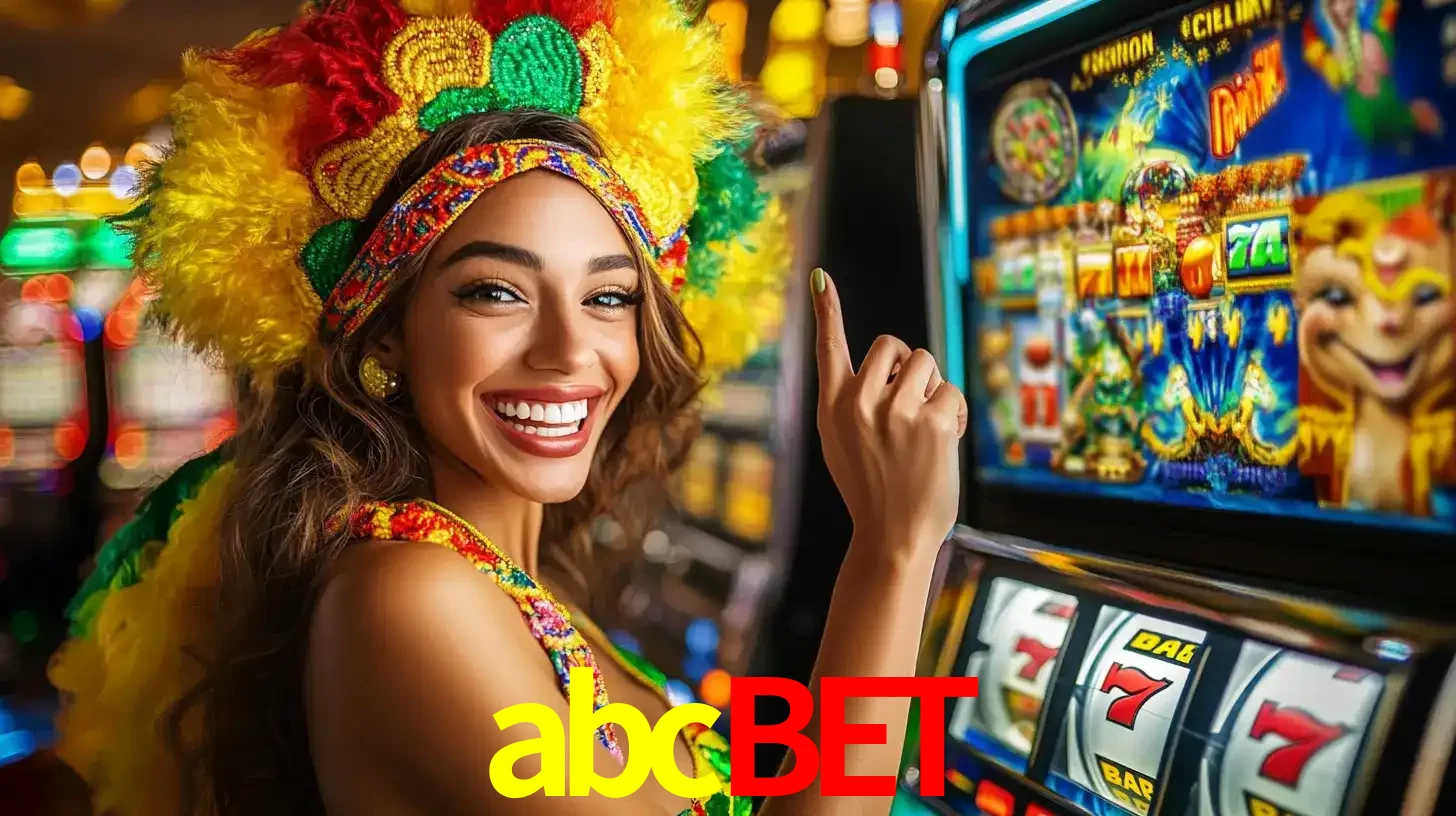 Mulher animada com um cocar de carnaval apontando para uma máquina de caça-níqueis, mostrando a emoção de ganhar um grande prêmio nos jogos do abcbet.