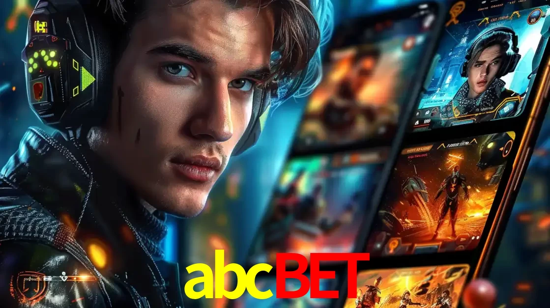 Jovem jogador com fones de ouvido olhando para a câmera, com um aplicativo de jogos e e-sports para celular ao fundo, pronto para a competição e apostas no abcbet.