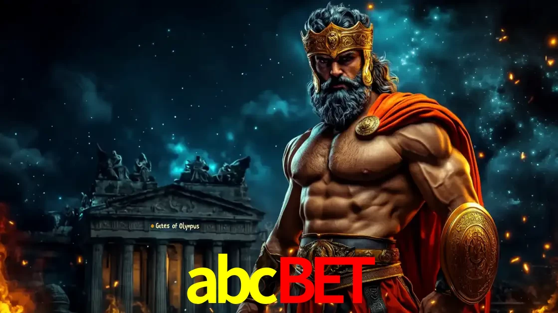 O poderoso Zeus do jogo de slot Gates of Olympus em frente ao seu templo, pronto para lançar multiplicadores divinos e prêmios épicos no cassino online abcbet.