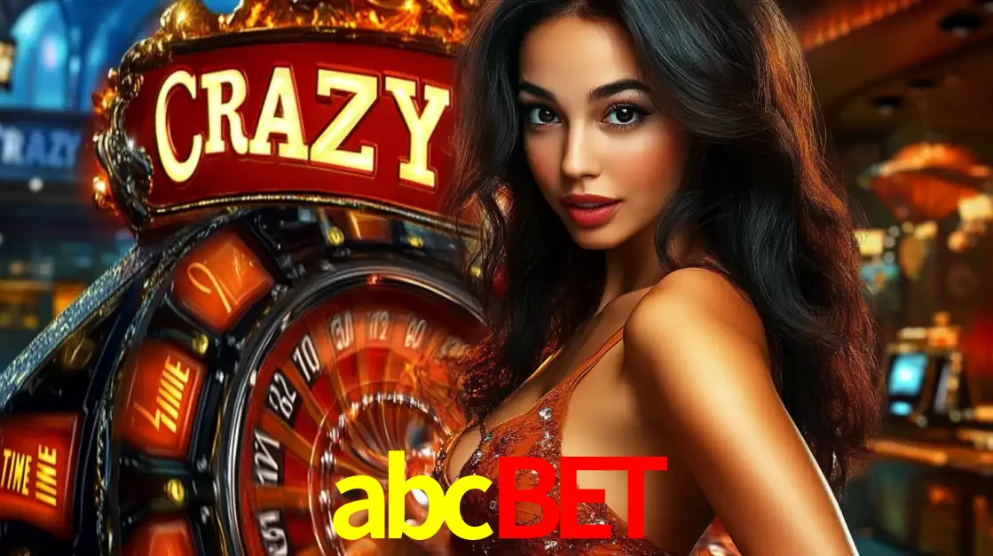 Mulher glamourosa olhando para a câmera com a roda vermelha do Crazy Time ao fundo em um ambiente de cassino, destacando a emoção dos jogos ao vivo no abcbet.
