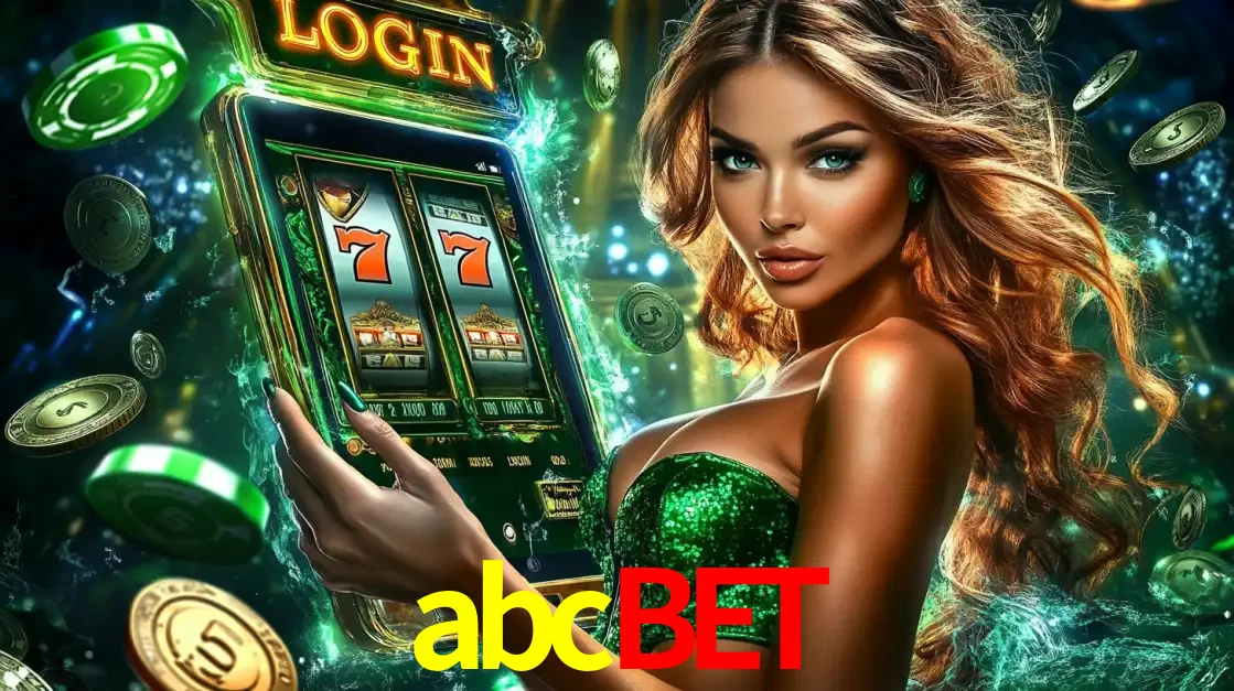 Mulher com tema verde apresentando o aplicativo do cassino abcbet com um jogo de slot de 777, cercada por fichas de cassino e uma aura de sorte.