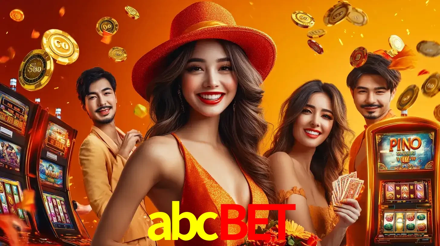 Grupo de amigos asiáticos sorrindo e se divertindo com máquinas de caça-níqueis em um ambiente festivo, celebrando suas vitórias nos jogos de cassino do abcbet.