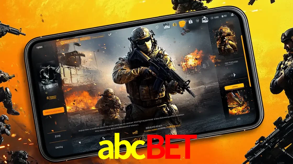 Um smartphone exibindo a interface de um jogo de tiro em primeira pessoa, com um soldado em um cenário de batalha, representando a ação dos e-sports para apostar no abcbet.