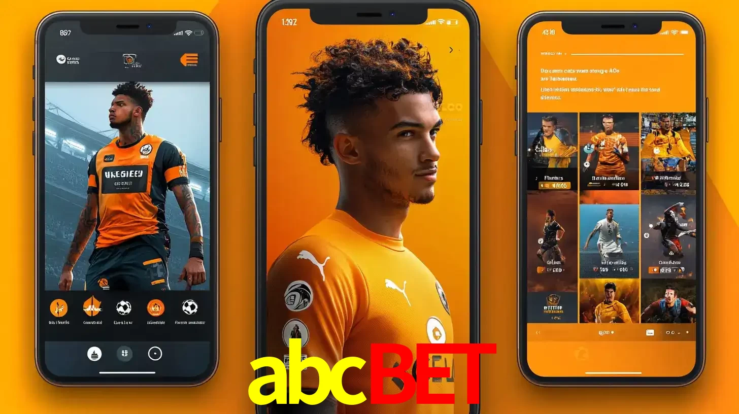 Interface do aplicativo de apostas esportivas abcbet em três telas de celular, mostrando o perfil de um jogador de futebol e a lista de jogos disponíveis para apostar.