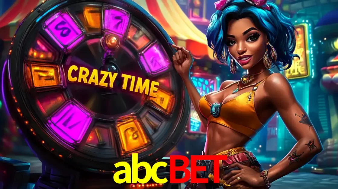 Mulher estilizada com cabelo azul e visual vibrante posando ao lado da roda de prêmios do game show Crazy Time, convidando para a diversão e os bônus do cassino abcbet.