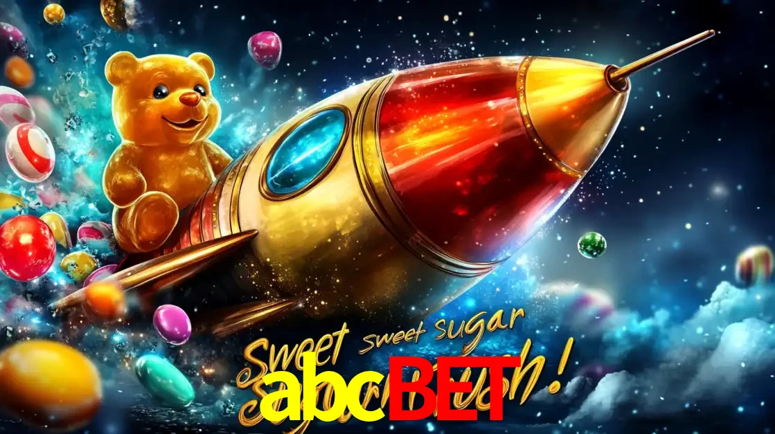 Arte promocional do jogo de slot Sugar Rush, com um urso de pelúcia em um foguete viajando pelo espaço de doces, um dos jogos divertidos disponíveis no cassino abcbet.