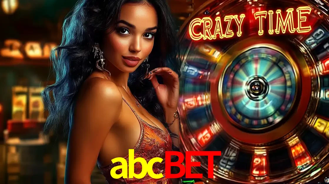 Mulher elegante ao lado da vibrante roda da fortuna do jogo de cassino ao vivo Crazy Time, um dos game shows mais populares e cheios de prêmios do abcbet.