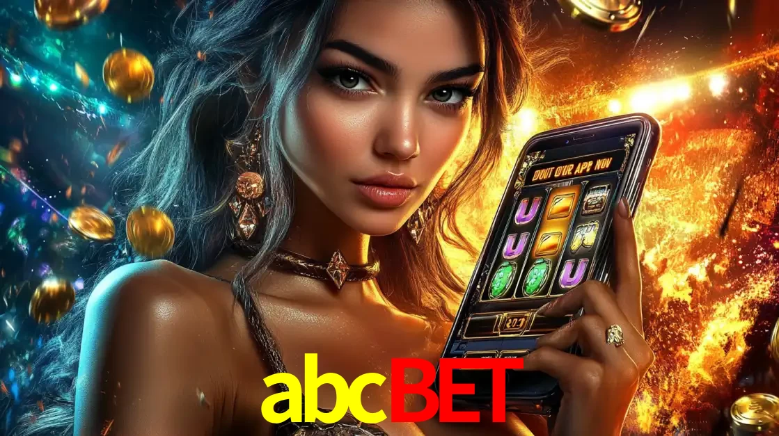 Mulher elegante mostrando um jogo de caça-níqueis em seu smartphone, destacando a experiência de cassino móvel oferecida pelo aplicativo abcbet.
