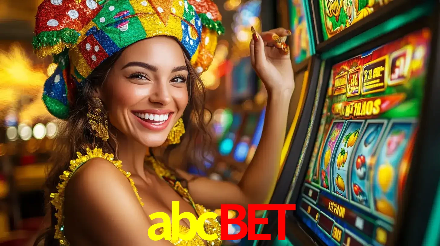 Mulher feliz com traje de carnaval amarelo e colorido ao lado de uma máquina de caça-níqueis, aproveitando a diversão e os jogos temáticos do cassino abcbet.