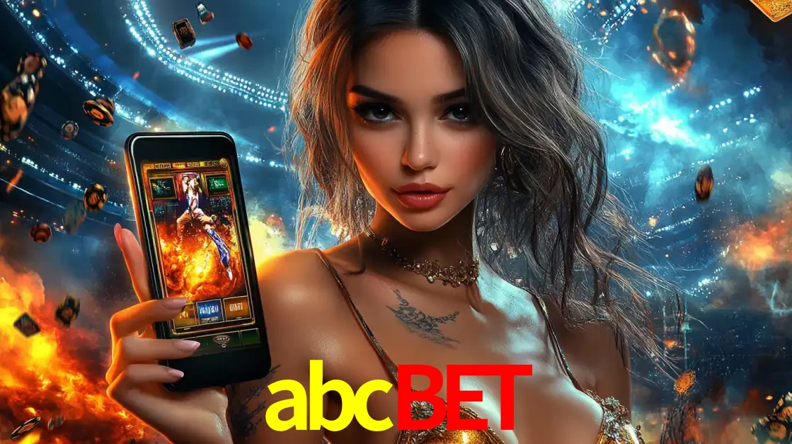 Mulher segurando um celular com um jogo de slot em destaque, tendo como fundo um estádio vibrante, simbolizando a emoção de jogar no cassino móvel abcbet.