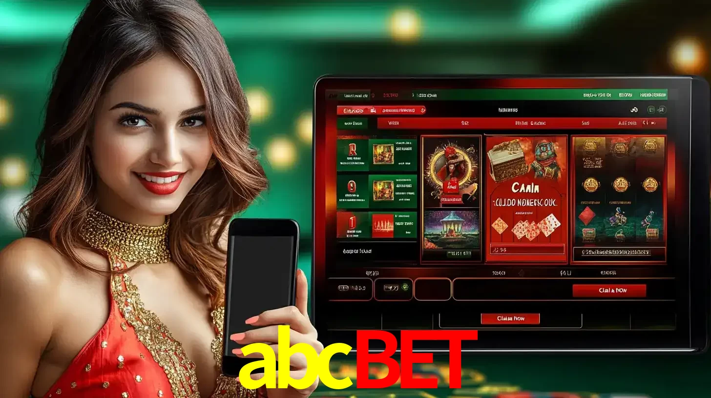 Mulher sorridente segurando um smartphone, ao lado de uma tela exibindo o lobby de jogos do cassino online abcbet, com várias opções de jogos de cartas e slots.